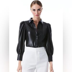 Alice+Olivia vegan leather puff sleeve blouse with a collar XS